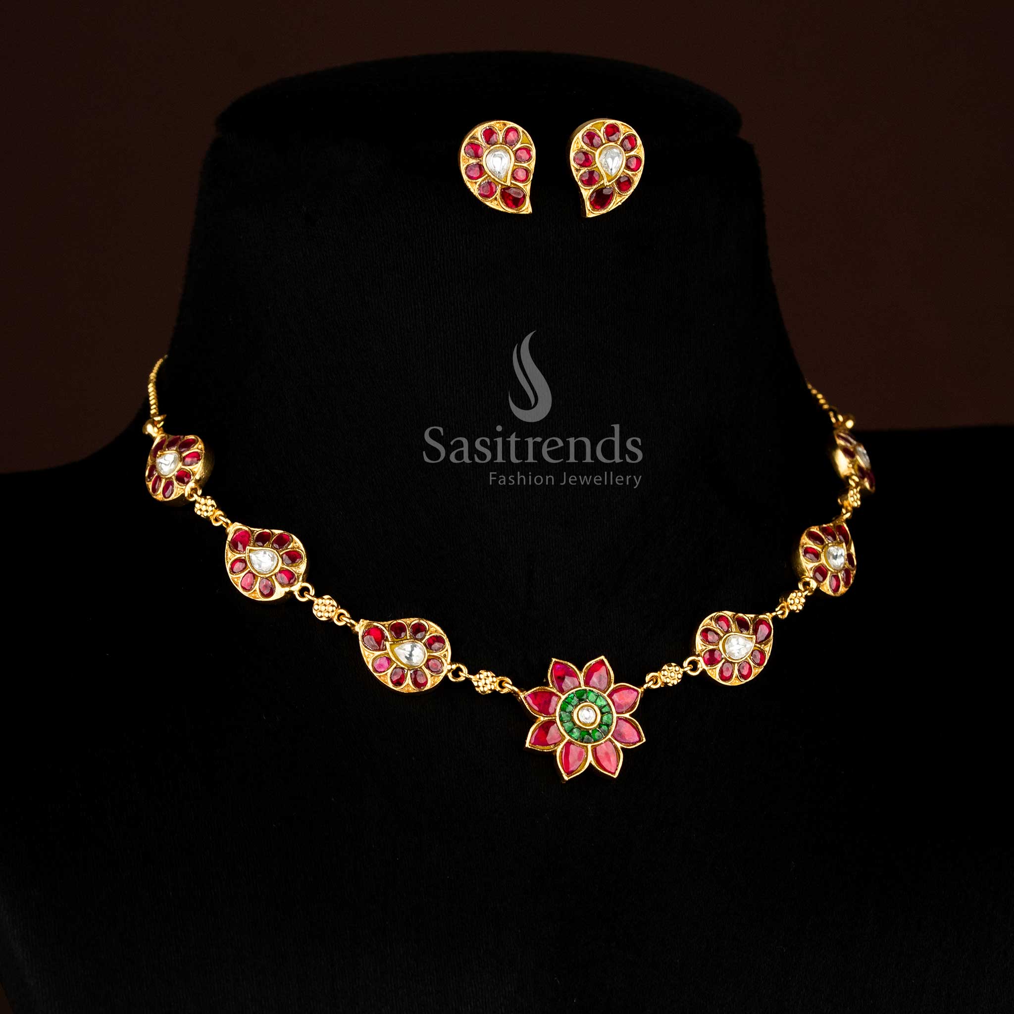 Opulent Jadau 24K gold plated paisley and floral motif necklace set, designed for brides and festive ensembles, elevating saree styling with grandeur – Sasitrends