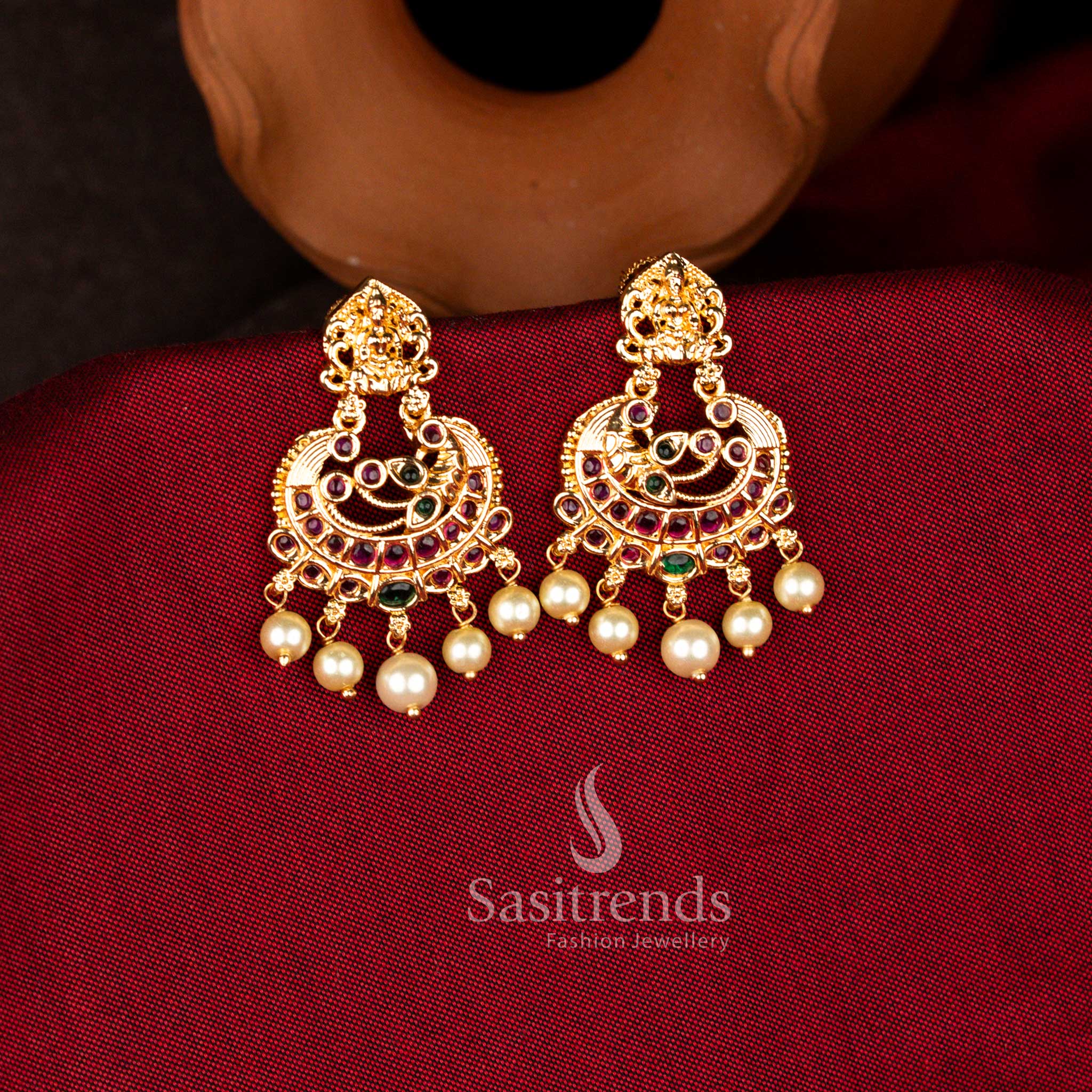 Exquisite micro gold plated American Diamond chandbali earrings with pearl drops in multi shades ideal for bridal wear, festive celebrations, and family gatherings – Sasitrends