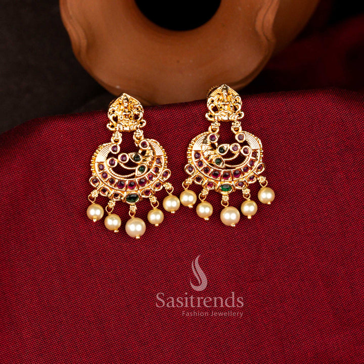 Exquisite micro gold plated American Diamond chandbali earrings with pearl drops in multi shades ideal for bridal wear, festive celebrations, and family gatherings – Sasitrends