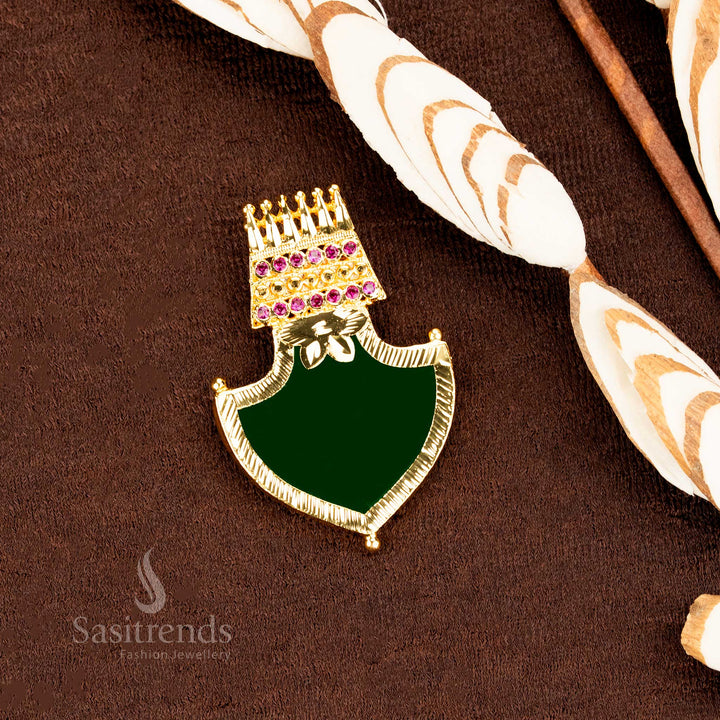 Elegant Kerala style micro gold plated big Palakka crafted with green stone centrepiece and two-line AD stone beauty, designed for traditional festive jewellery celebrations with grandeur by Sasitrends