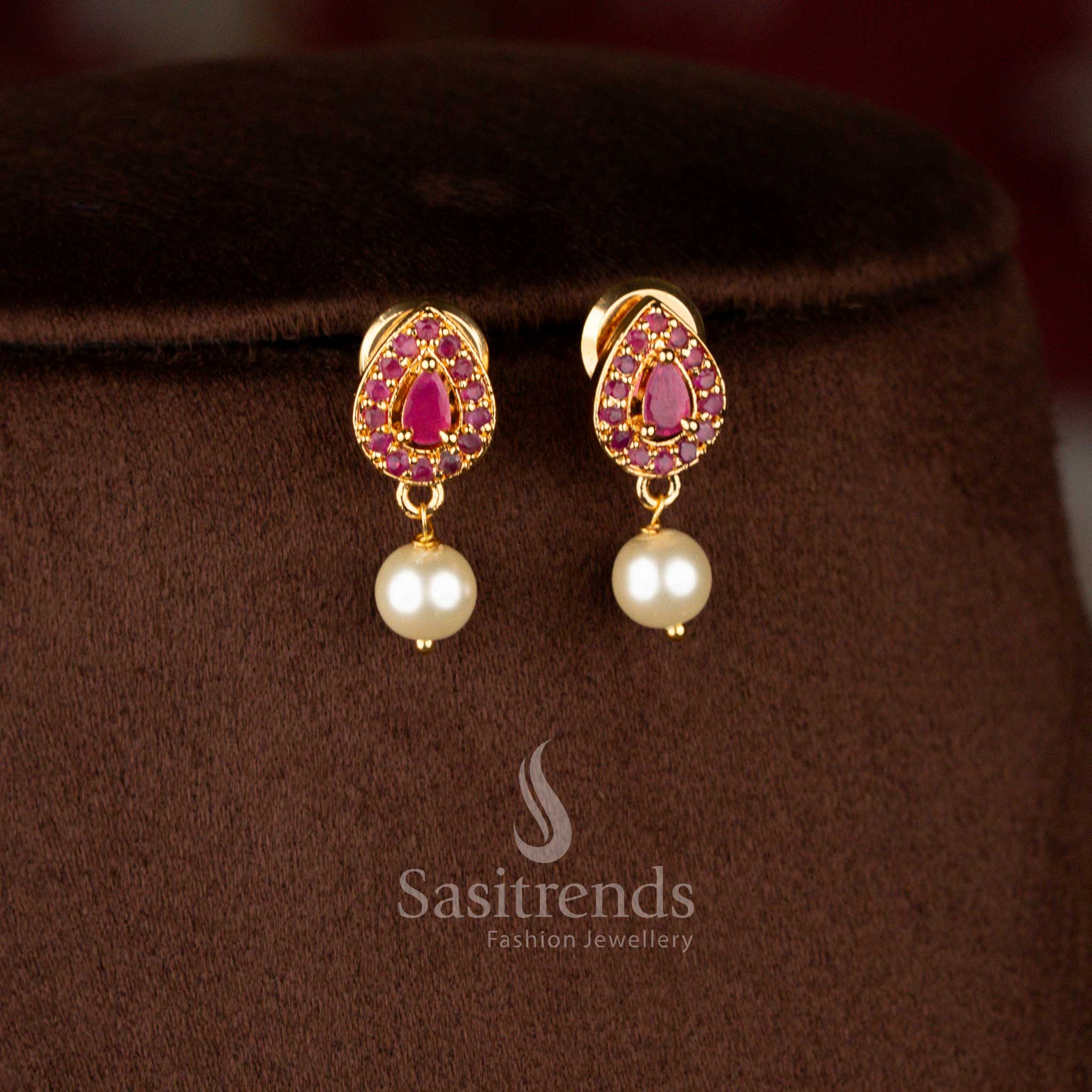 Stunning micro gold plated peacock dangle earrings in ruby red with pear stone and pearl accents, matching necklace – Sasitrends
