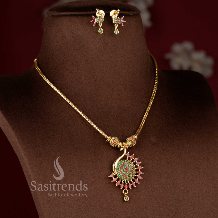 Majestic micro gold plated peacock-inspired necklace in ruby-green adorned with sparkling gemstones and pearl drops, one gram jewellery – Sasitrends