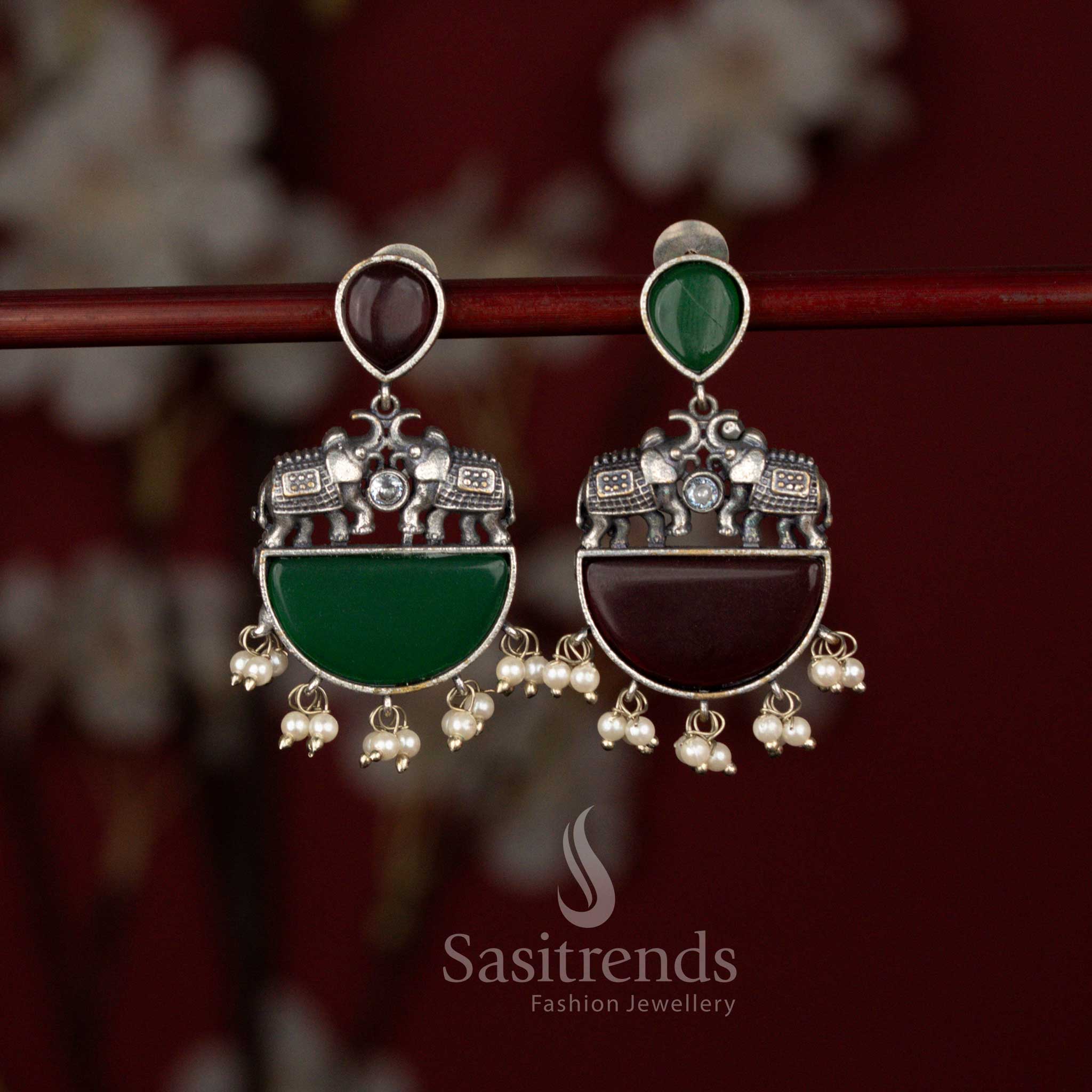 Majestic oxidised silver plated elephant motif statement earrings with structured arch, multicolour stones and pearl drops ideal for festive sarees and grand occasions – Sasitrends