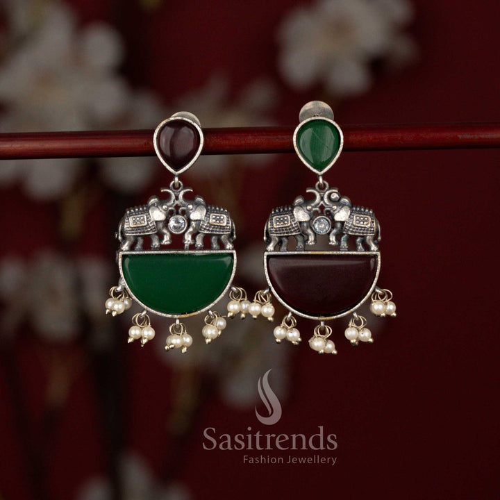 Majestic oxidised silver plated elephant motif statement earrings with structured arch, multicolour stones and pearl drops ideal for festive sarees and grand occasions – Sasitrends