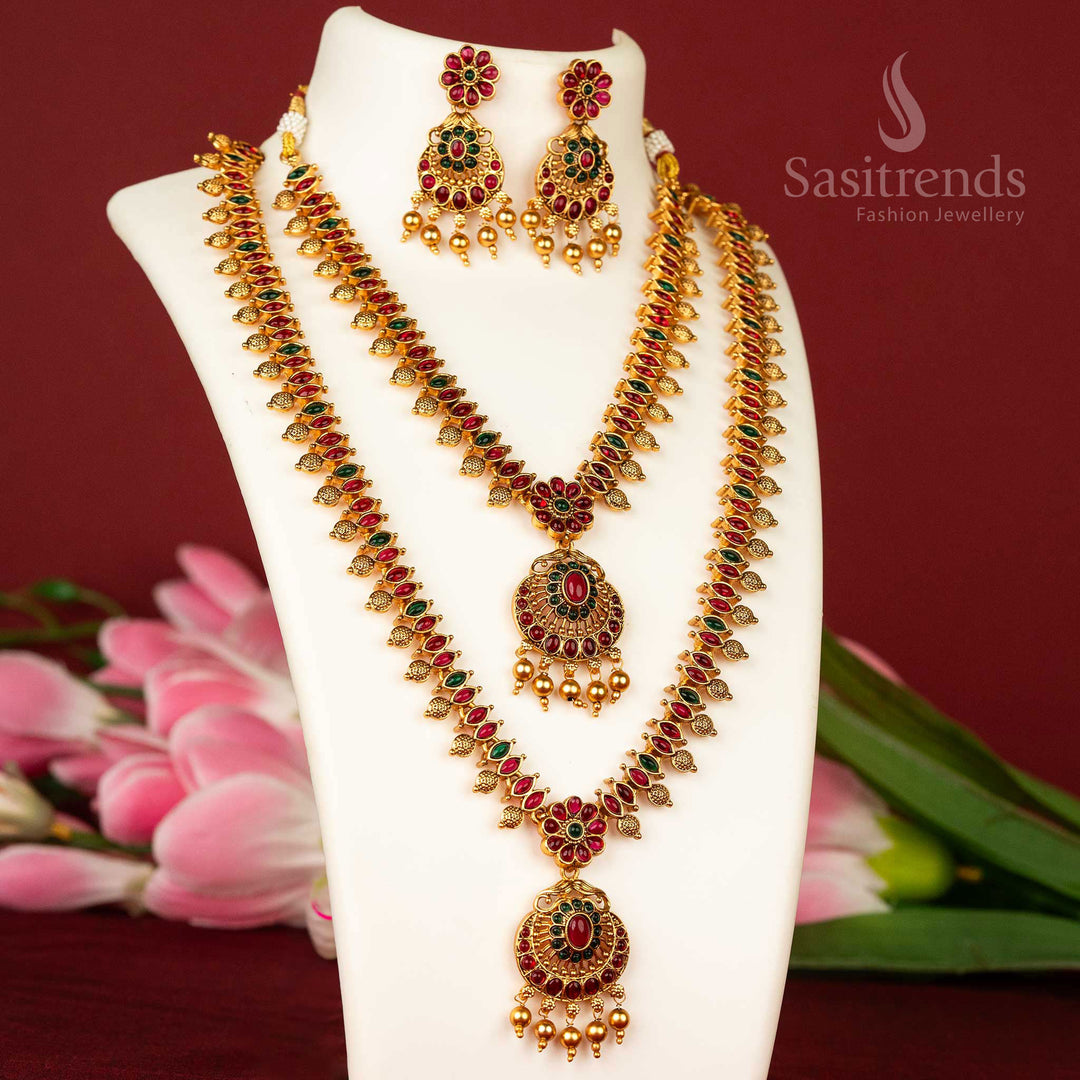 Heritage-inspired matte gold plated flower temple necklace combo set in elegant ruby-green shade, featuring short haram and long haram – an exquisite wedding-style jewellery piece – Sasitrends