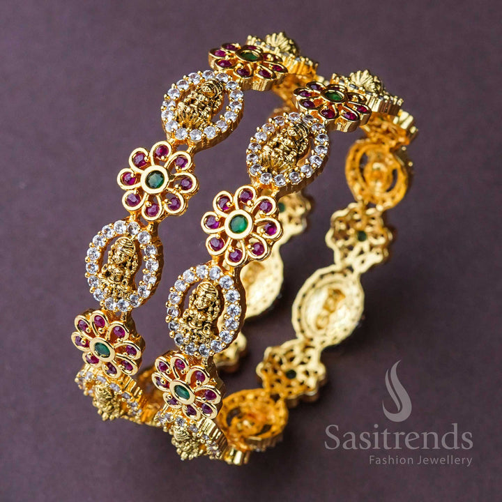 Charming multi-colour temple matte gold plated AD stone bangles adorned with Lakshmi motifs and floral embossing, crafted in elegant South Indian traditional jewellery style – Sasitrends