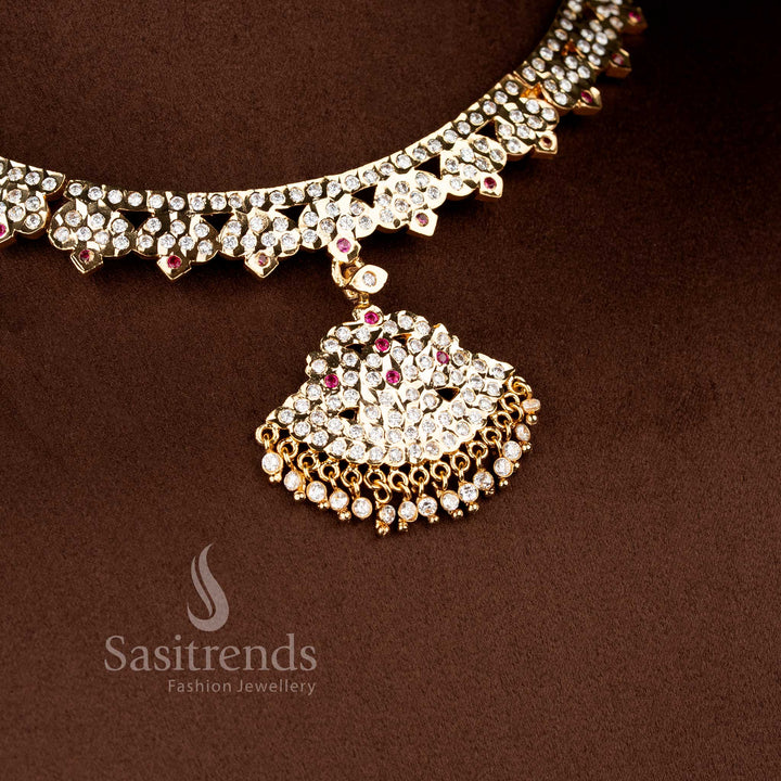 Majestic bridal impon attigai necklace in white ruby styled with heritage fan pendant and radiant finish – Sasitrends