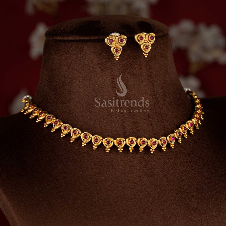 Cherished classic matte gold plated ruby artwork necklace set with drop earrings for vibrant celebration looks – Sasitrends