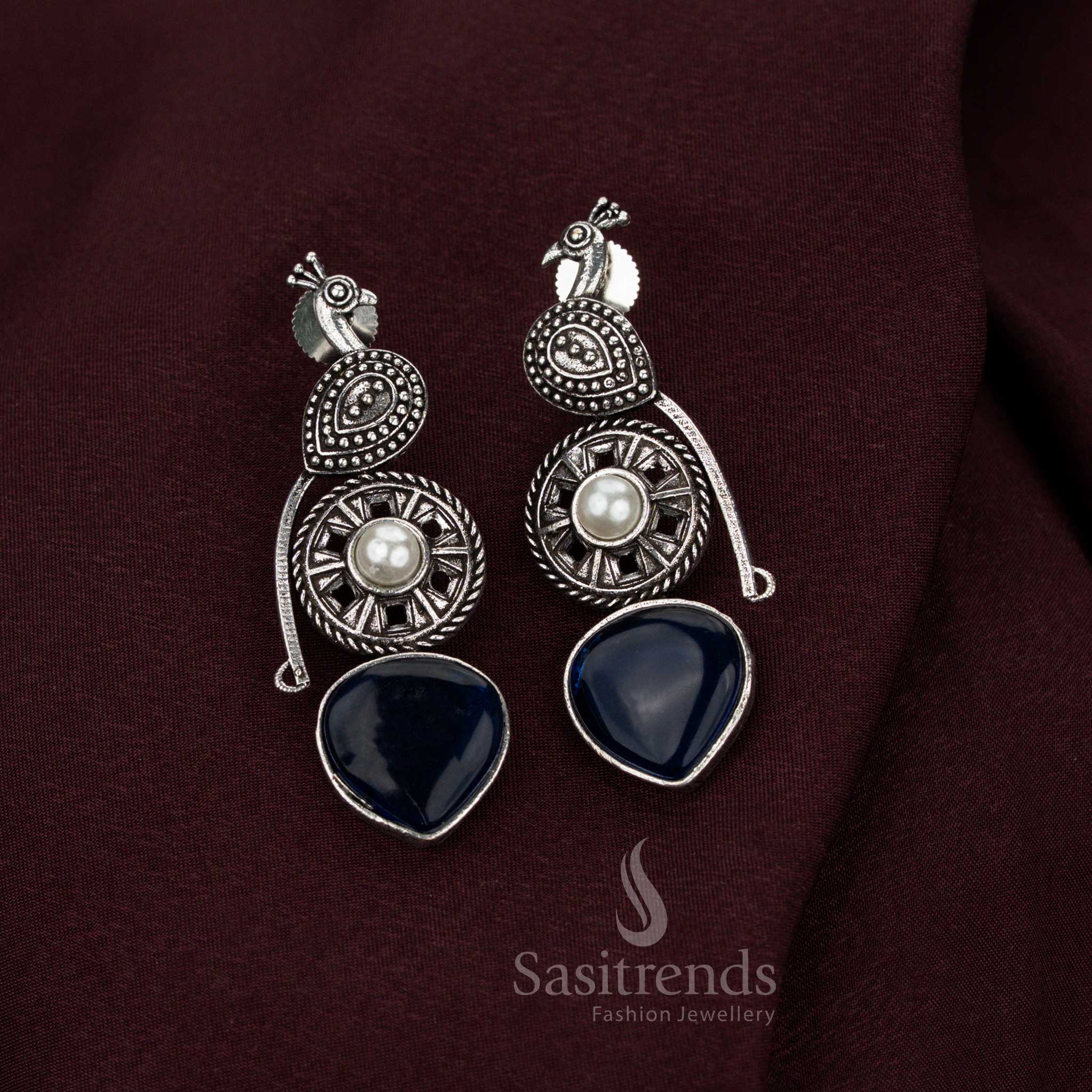 Eternal blue oxidised peacock earrings adorned with exquisite artistry pearl accents and legacy brilliance perfect for aristocratic office elegance and heritage jewellery traditions – Sasitrends
