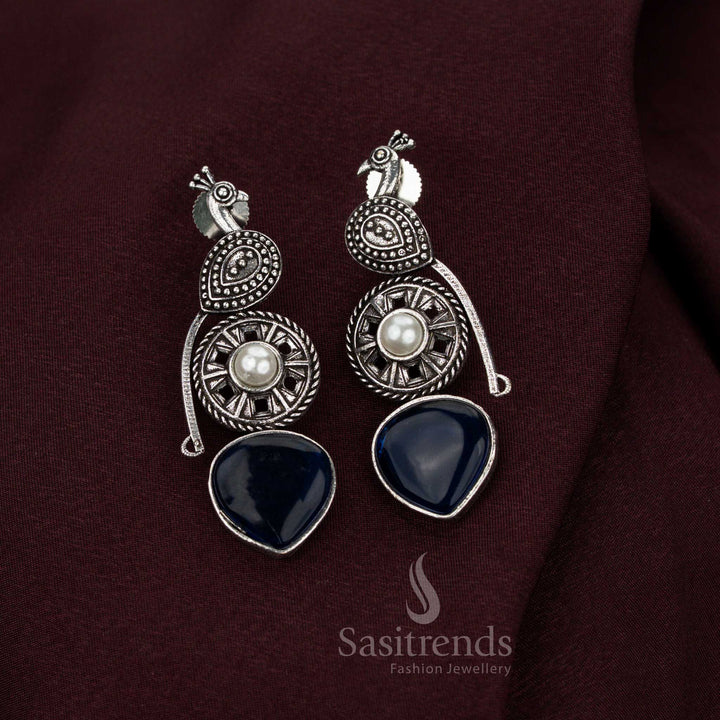 Eternal blue oxidised peacock earrings adorned with exquisite artistry pearl accents and legacy brilliance perfect for aristocratic office elegance and heritage jewellery traditions – Sasitrends