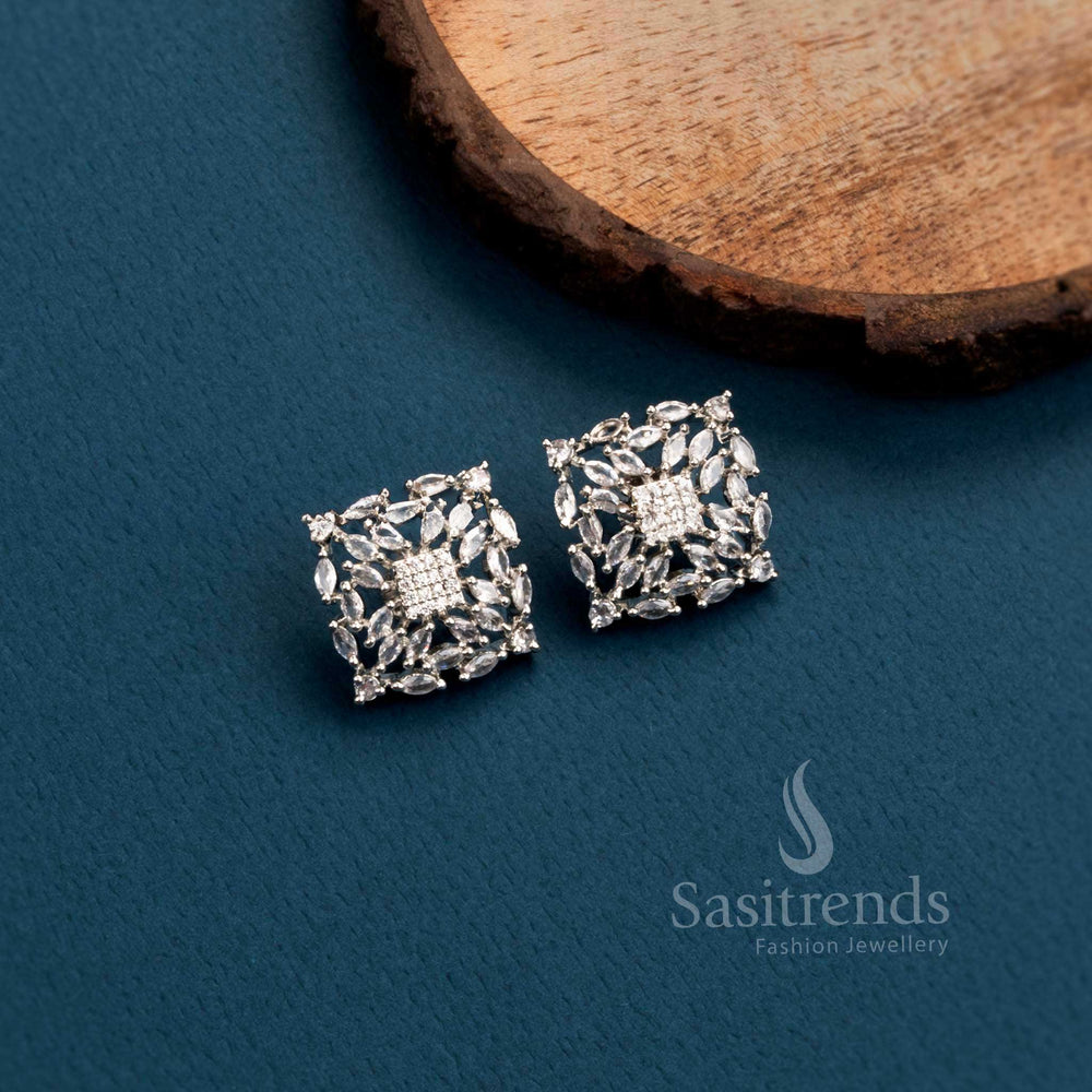 Elegant Rhodium Silver Plated Party Wear Earrings - Stunning Square Motif with American Diamond Stones for a Trendy Look