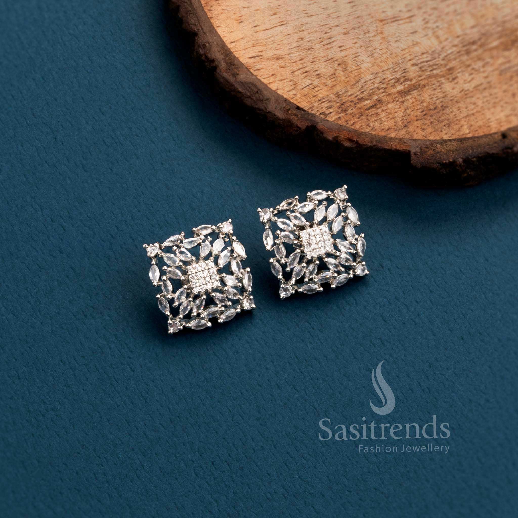 Elegant Rhodium Silver Plated Party Wear Earrings - Stunning Square Motif with American Diamond Stones for a Trendy Look