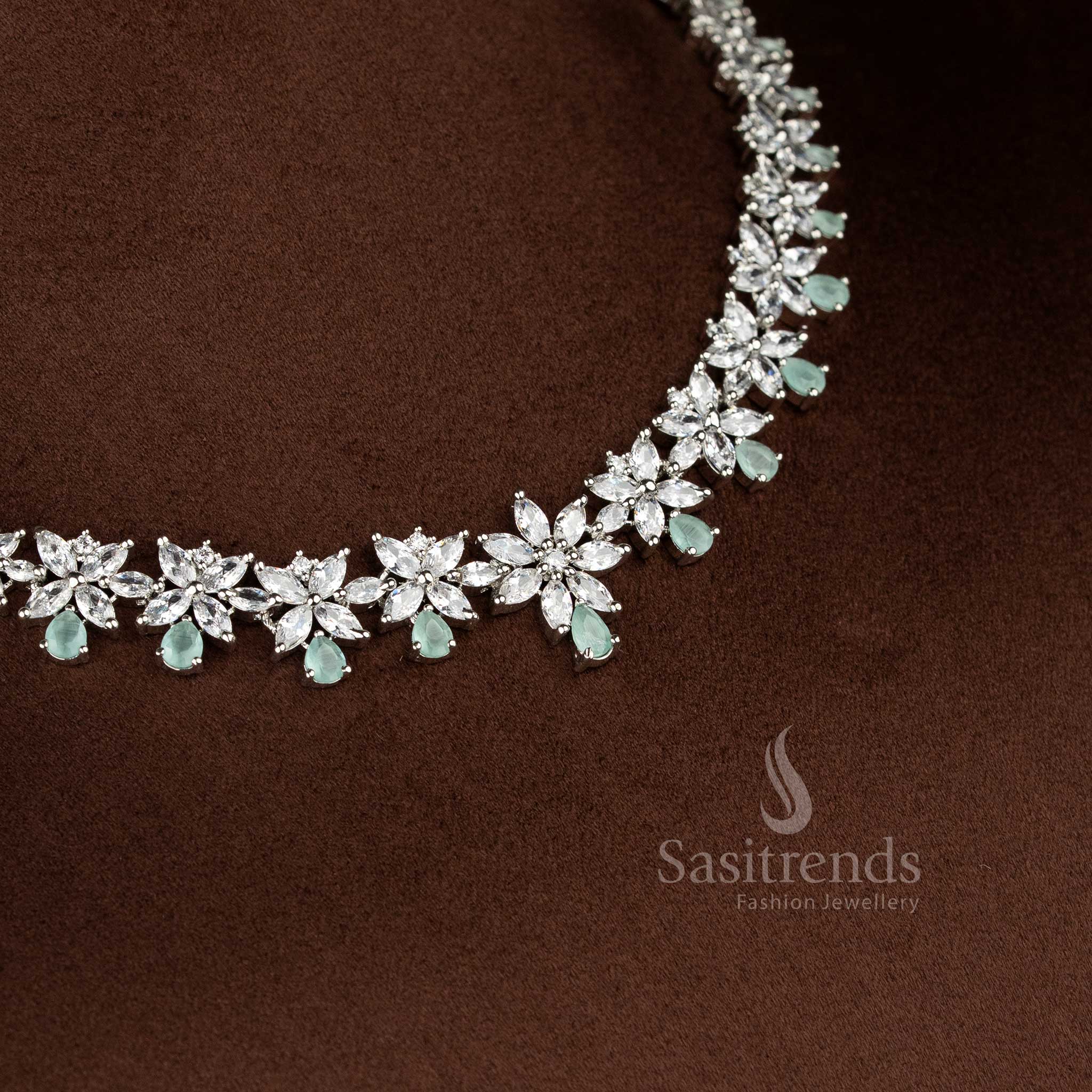 Glamour Petals rhodium silver plated mint American Diamond blush flora necklace for evening soirees and celebration-ready styling – Sasitrends