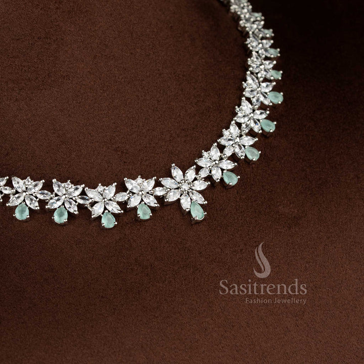 Glamour Petals rhodium silver plated mint American Diamond blush flora necklace for evening soirees and celebration-ready styling – Sasitrends