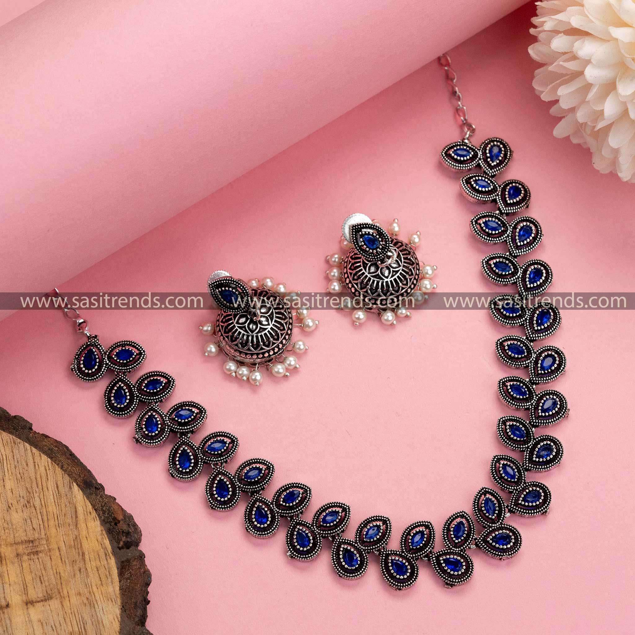 Dazzle in Blue: Oxidised German Silver Necklace with Pearl Jhumkas - Perfect Blend of Elegance and Style