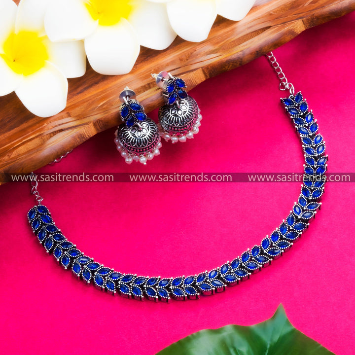 Elegant Oxidised Stones Jewellery Set with Leaf Motifs - Sasitrends - Sasitrends