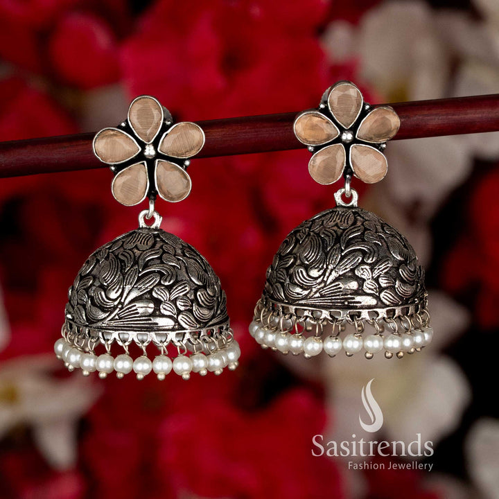 Sophisticated Brown Party Oxidised Floral Jhumka Earrings with Pearls, Perfect for Ethnic Black Saree Navaratri Celebrations-Sasitrends