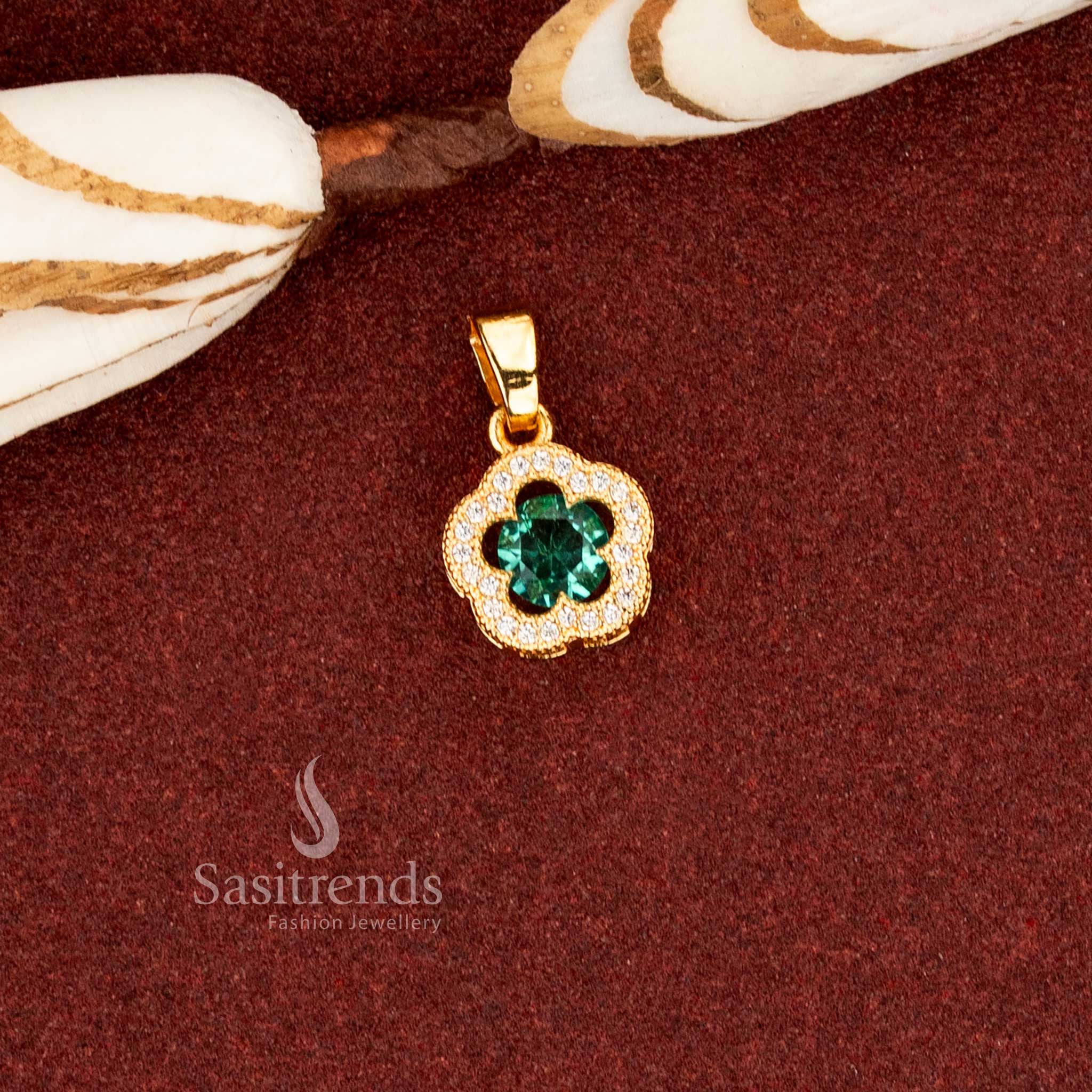 Royal emerald green micro gold plated AD scalloped cushion flower pendant for festive styling – Sasitrends