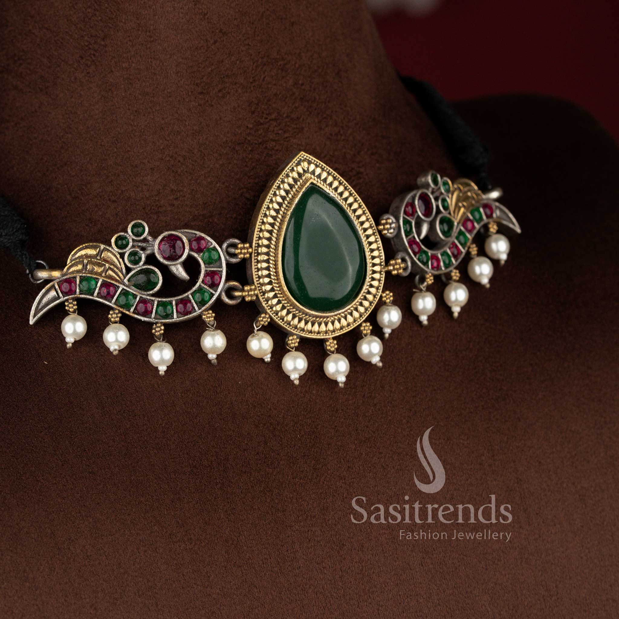 Royal green ruby antique oxidised peacock pearl choker jewellery set for elevated occasions – Sasitrends