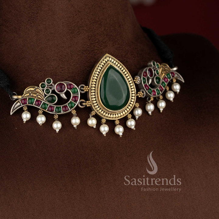 Royal green ruby antique oxidised peacock pearl choker jewellery set for elevated occasions – Sasitrends