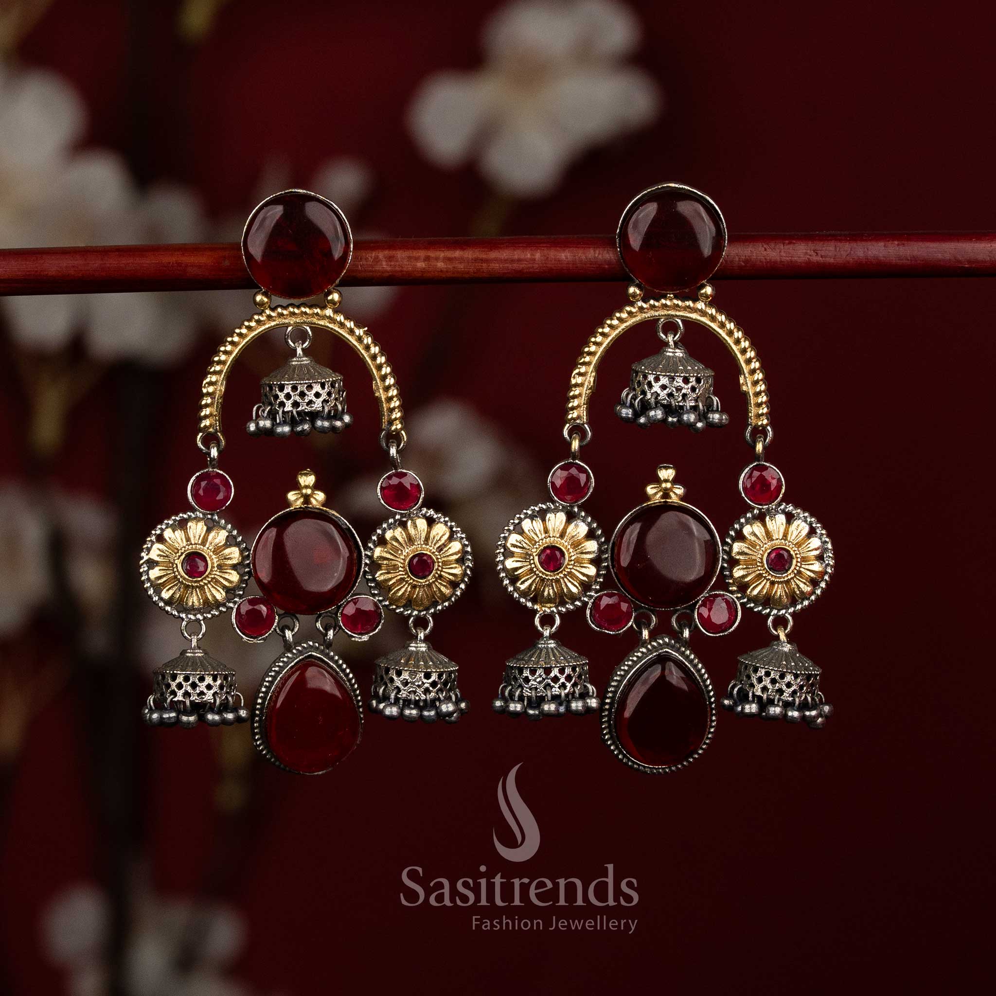 Deep lustre oxidised silver maroon floral chandelier Monalisa jhumkas with multi dome pearl drops for festive elegance - jewellery - Sasitrends