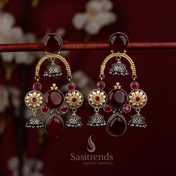 Deep lustre oxidised silver maroon floral chandelier Monalisa jhumkas with multi dome pearl drops for festive elegance - jewellery - Sasitrends
