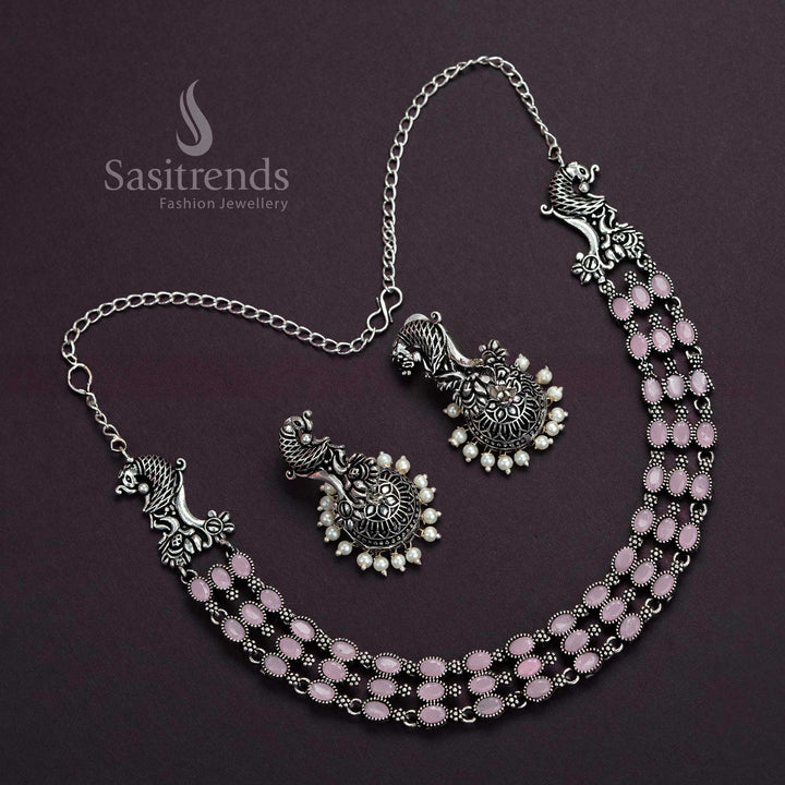 Three-Layered Oxidised German Silver Necklace with Pearl Jhumkas