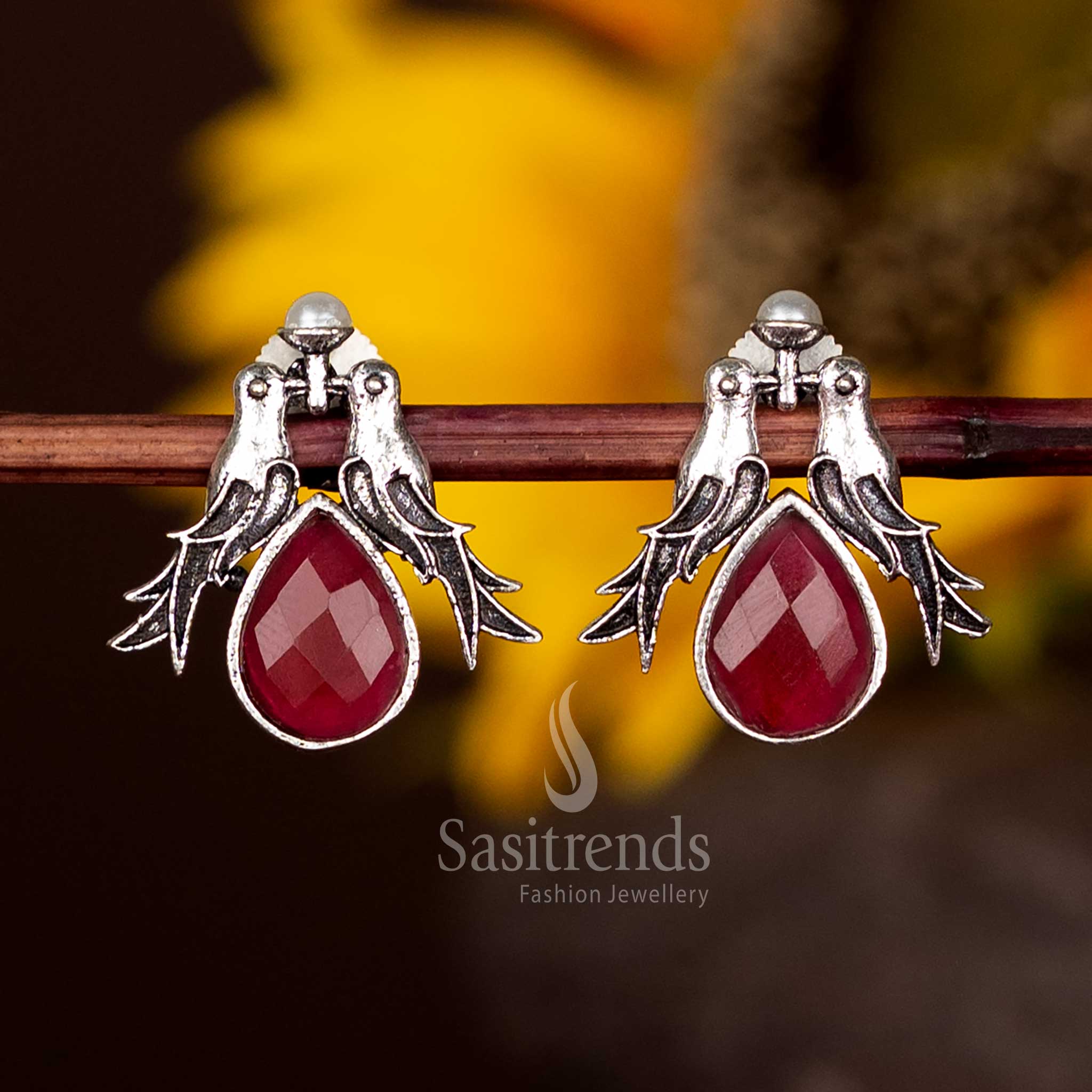 Classic Oxidised Twin Bird Earrings With Maroon Teardrop Stone – Party Wear Fusion Jewellery Style Sasitrends
