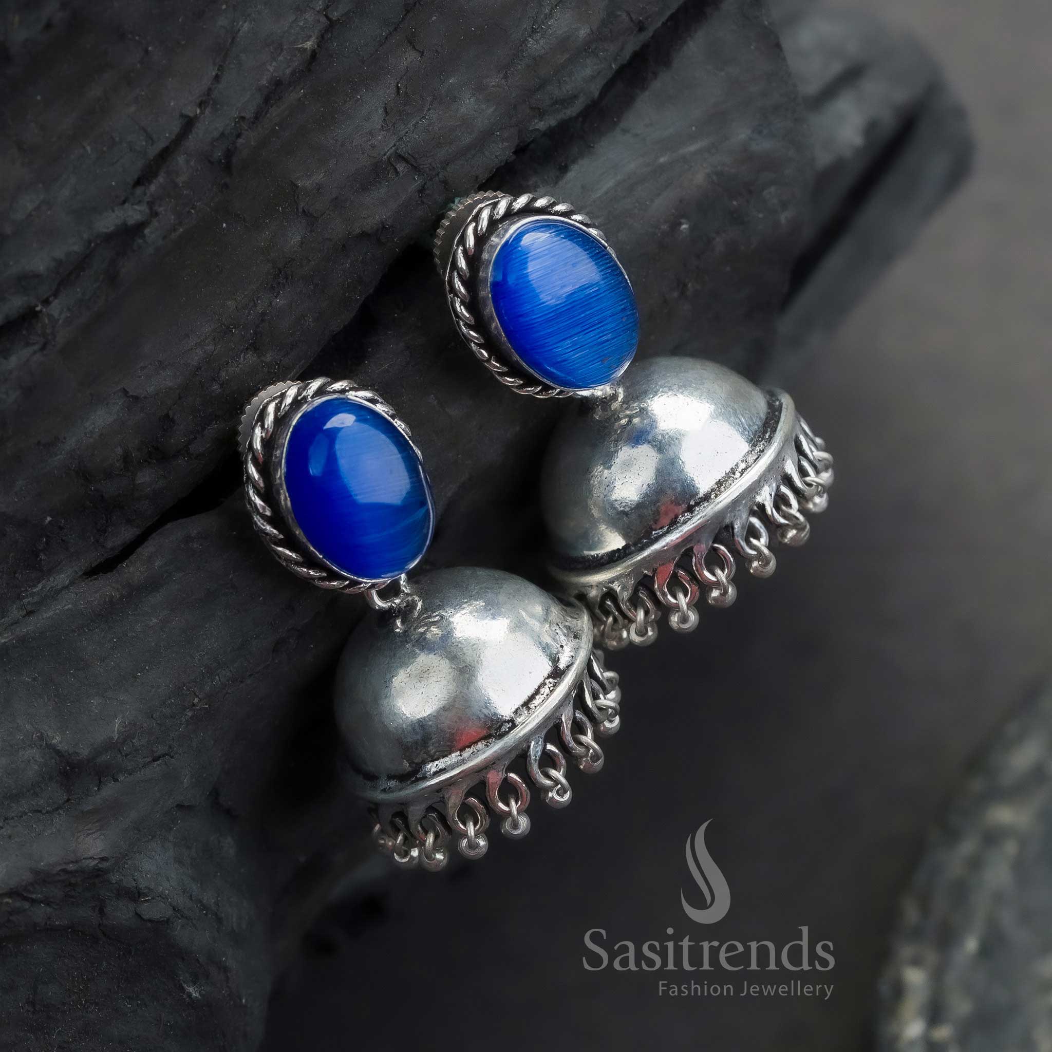 Trendy Traditional Oxidized German Silver Jhumka Earrings with Oval Monalisa Stone | Sasitrends - Sasitrends