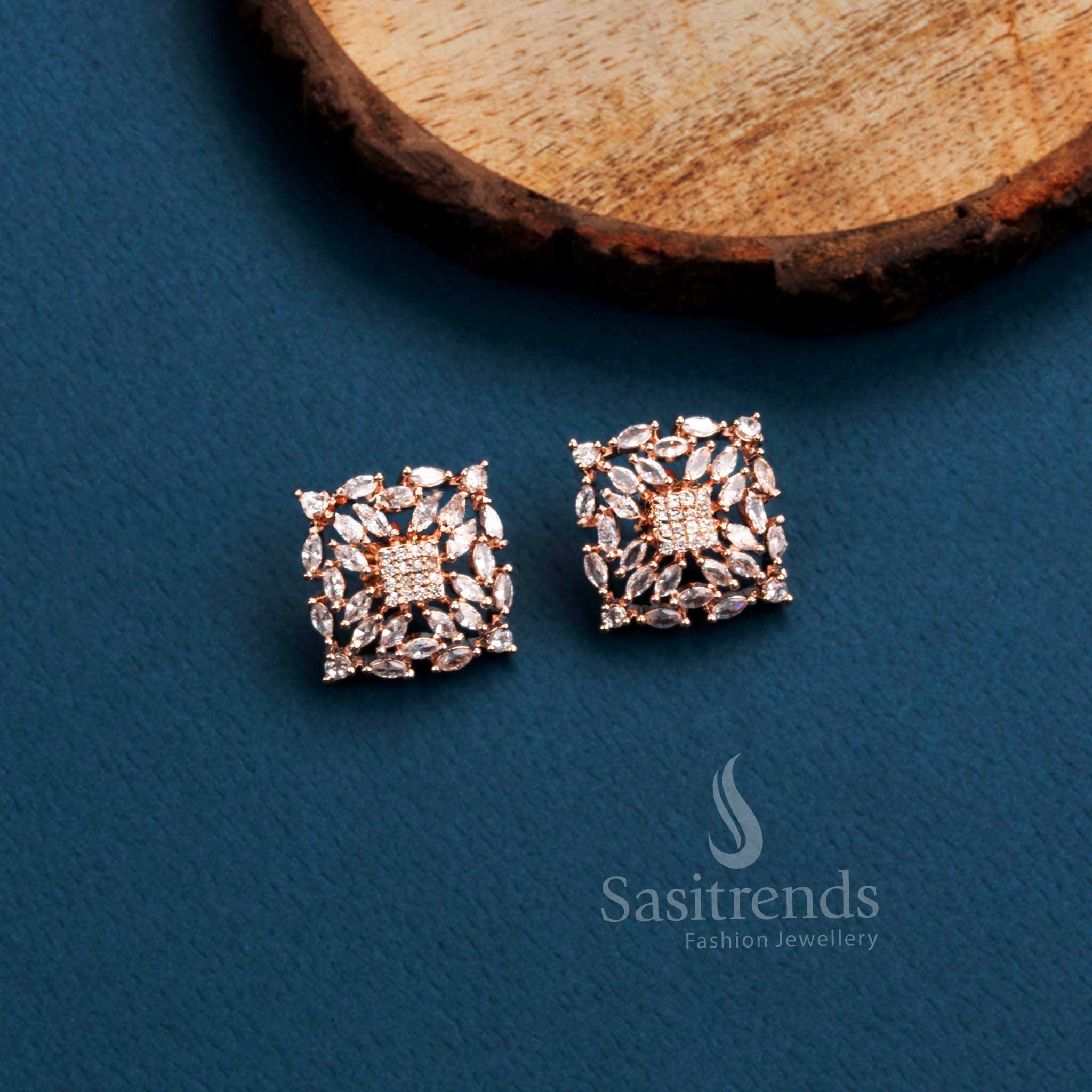 Rich Look Party Wear Earrings with Stunning Square Motif - American Diamond Stones | Sasitrends - Sasitrends