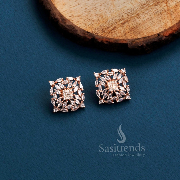 Rich Look Party Wear Earrings with Stunning Square Motif - American Diamond Stones | Sasitrends - Sasitrends