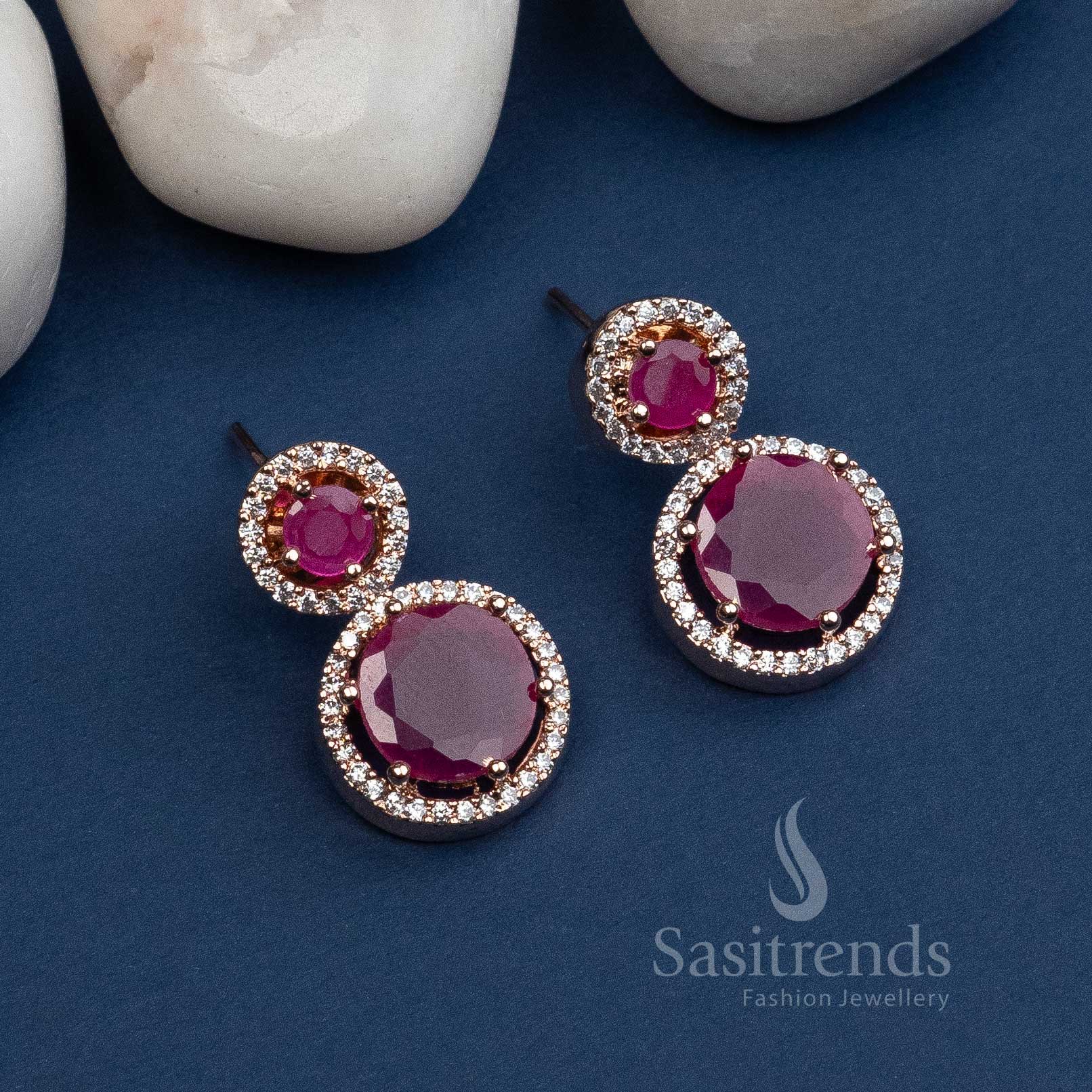 Charming Ruby Stone Rose Gold Plated Earrings with American Diamond Stones - Sasitrends