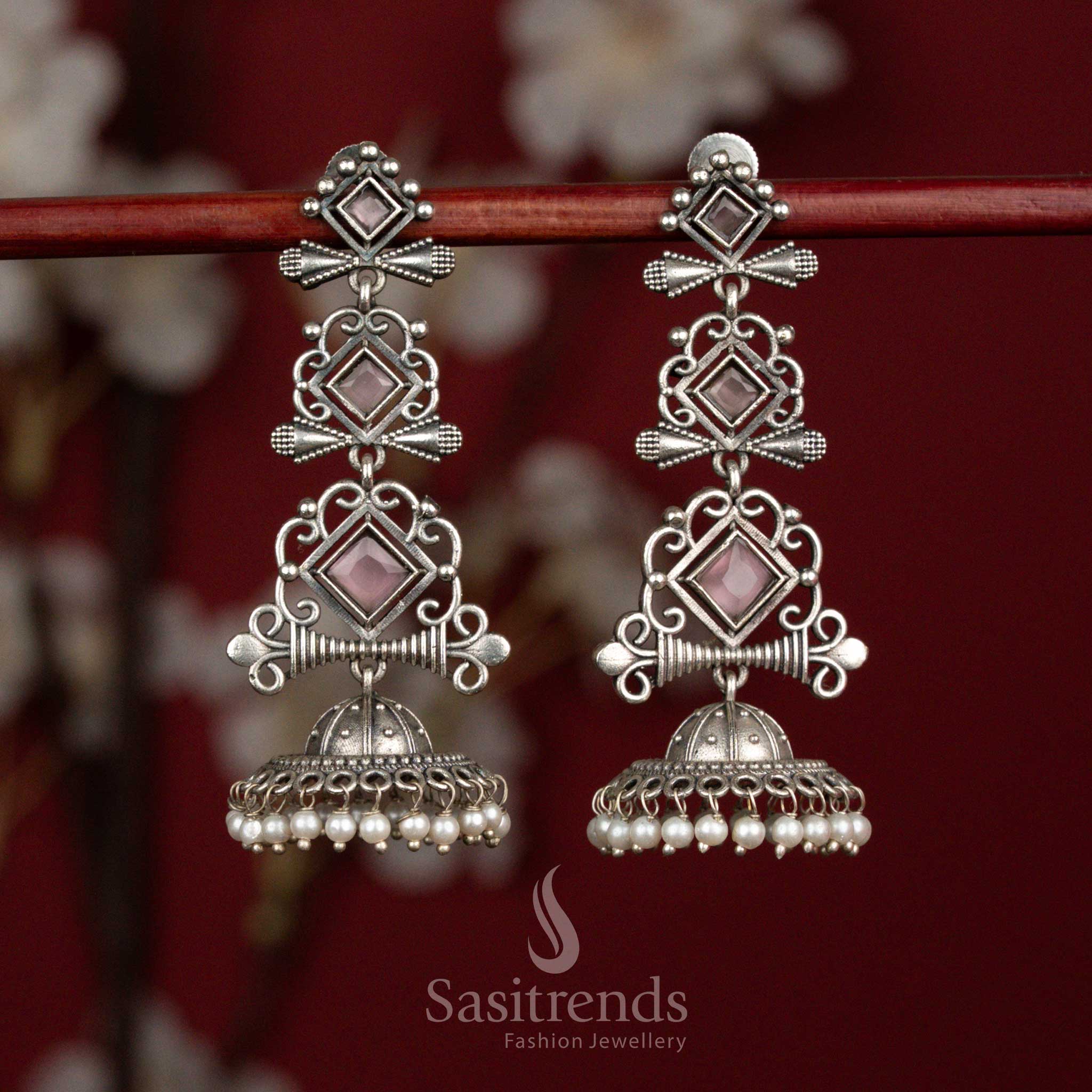 Rose pink oxidised 92.5 silver geometric pattern long jhumka earrings with pearl fringes for ethnic wear - jewellery - Sasitrends