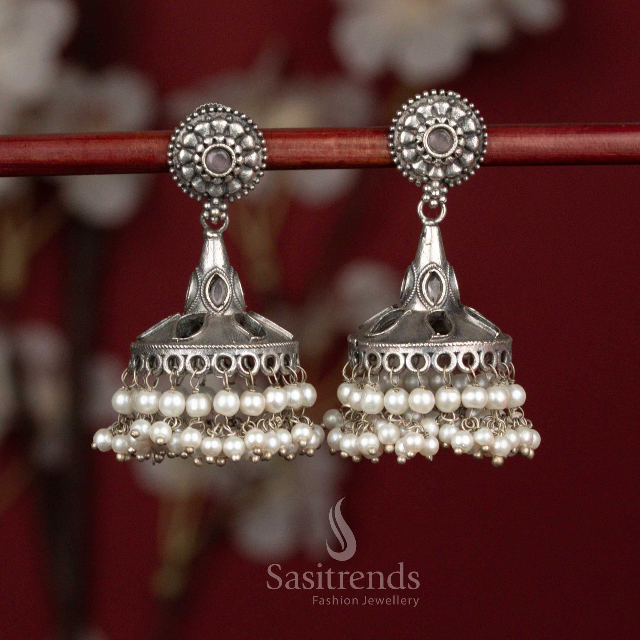 Blush pink antique oxidised 92.5 silver round floral bell dome jhumka earrings with pearl hangings for ethnic wear - jewellery - Sasitrends