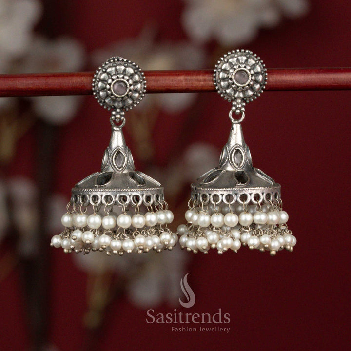 Blush pink antique oxidised 92.5 silver round floral bell dome jhumka earrings with pearl hangings for ethnic wear - jewellery - Sasitrends