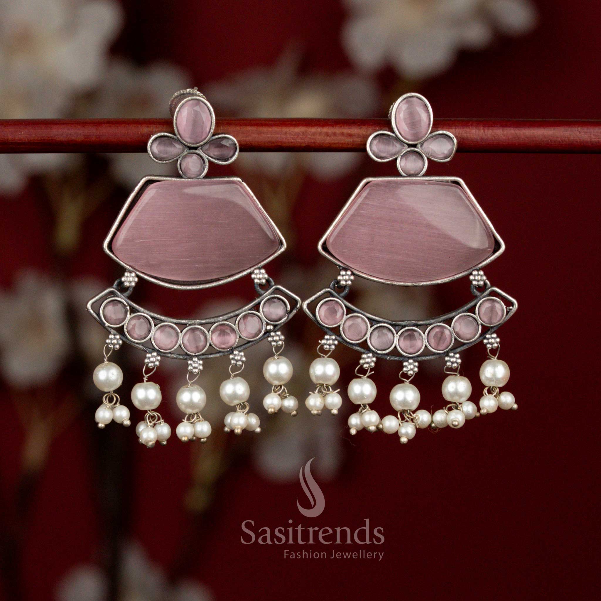 Blush pink antique oxidised 92.5 silver crescent pearl tassel earrings for celebration wear - jewellery - Sasitrends