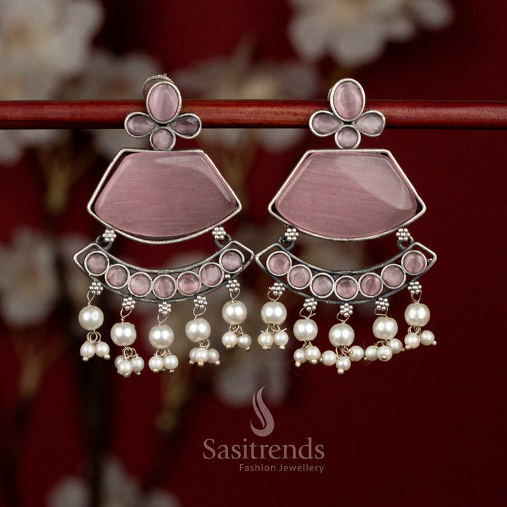 Blush pink antique oxidised 92.5 silver crescent pearl tassel earrings for celebration wear - jewellery - Sasitrends