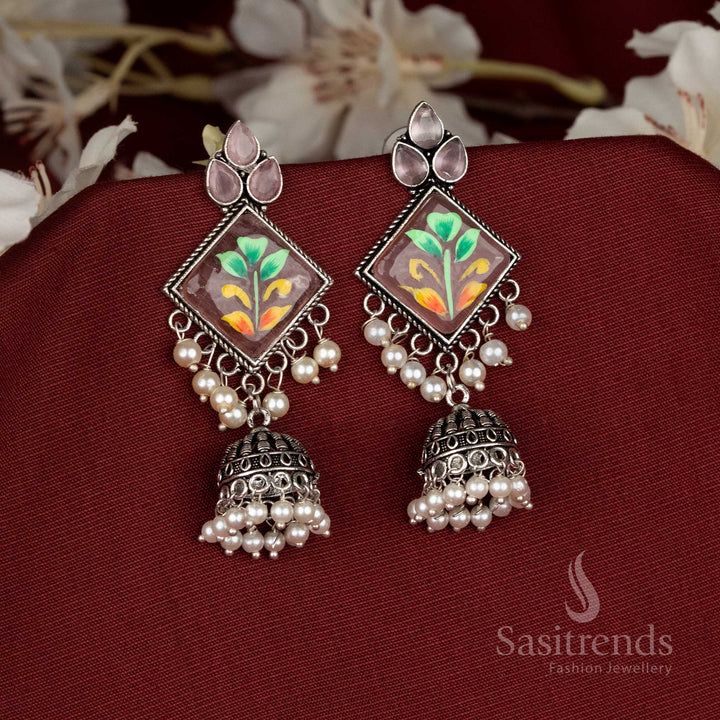 Oxidised pink Monalisa diamond-cut jhumka earrings made to add playful festive charm with vibrant styling – Sasitrends