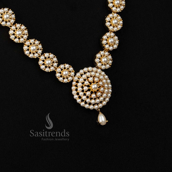 LuxeMeadow American diamond micro gold plated circular pearl floral teardrop necklace designed for charming evening appearances and gatherings - Sasitrends