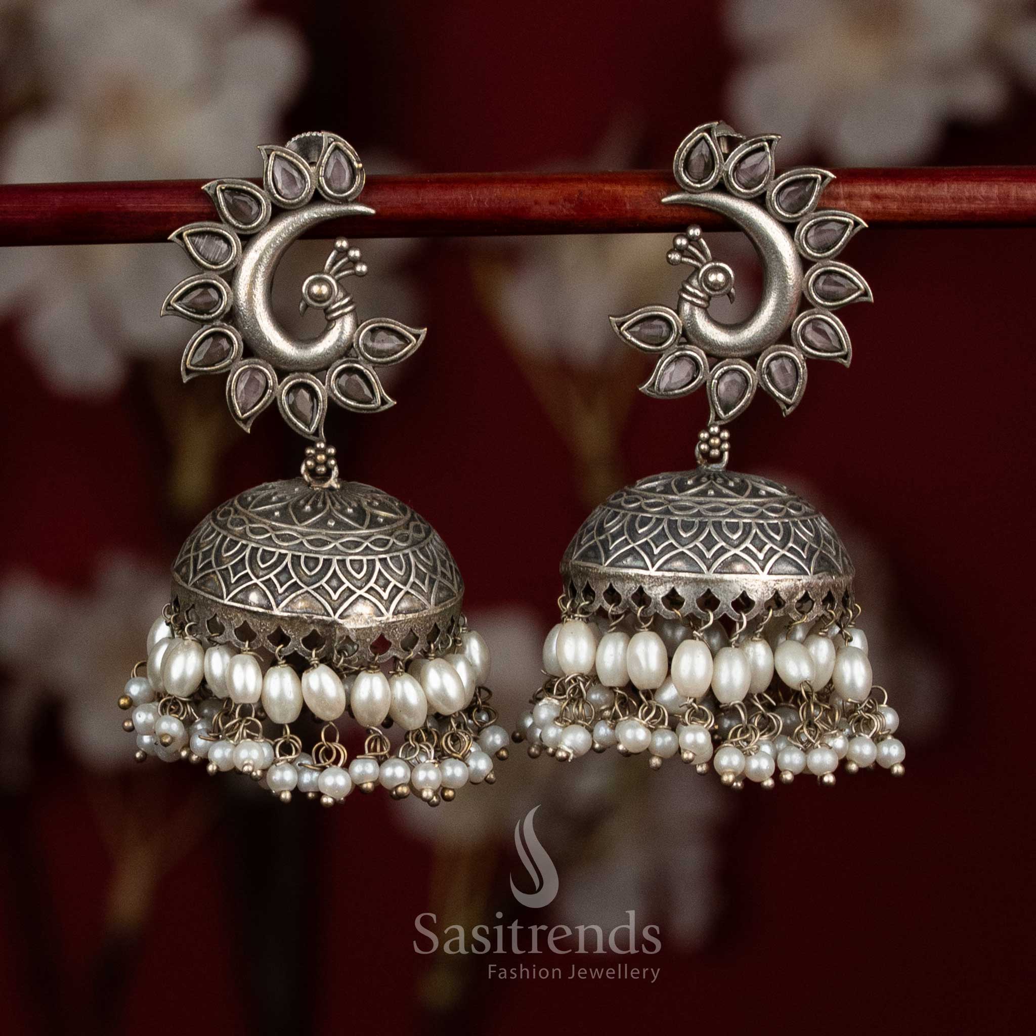 Blossom oxidised 92.5 silver pink peacock dome jhumka earrings with pearl fringes for festive charm - jewellery - Sasitrends