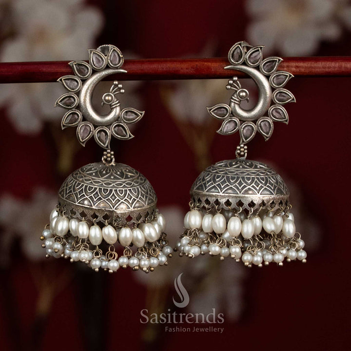 Blossom oxidised 92.5 silver pink peacock dome jhumka earrings with pearl fringes for festive charm - jewellery - Sasitrends