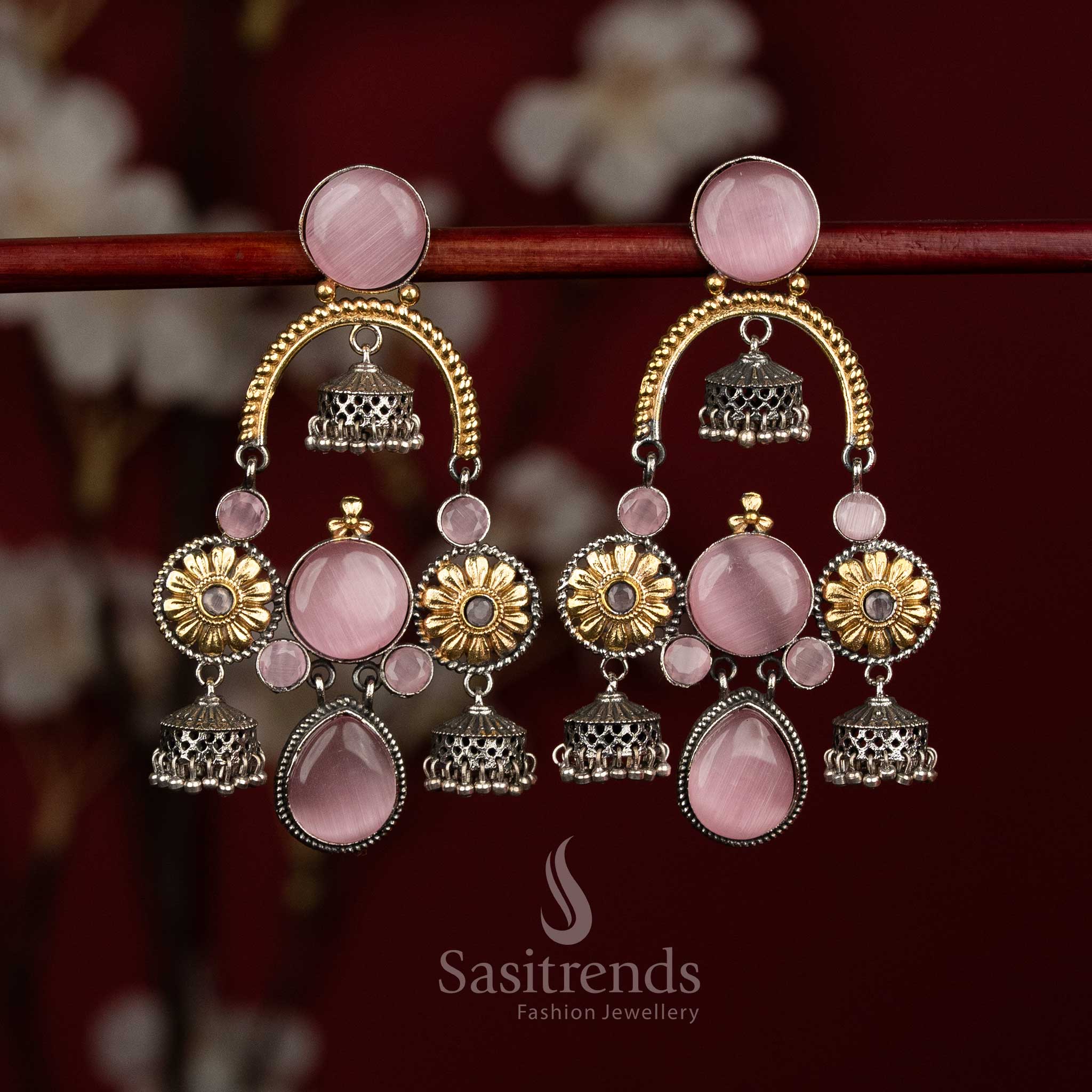 Blush antique oxidised 92.5 silver pink floral chandelier Monalisa stone jhumka earrings with multi dome drops for festive - jewellery - Sasitrends