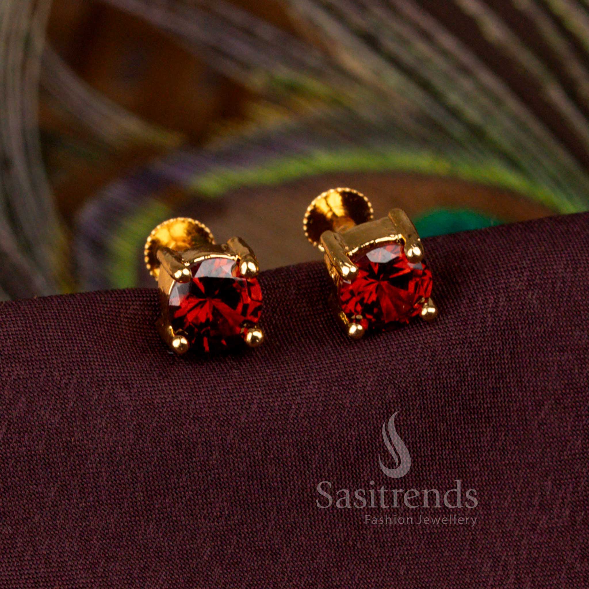 Elegant Round Red Stone Stud Earrings In One Gram Micro Gold Plated Screw Back Traditional Style – Sasitrends