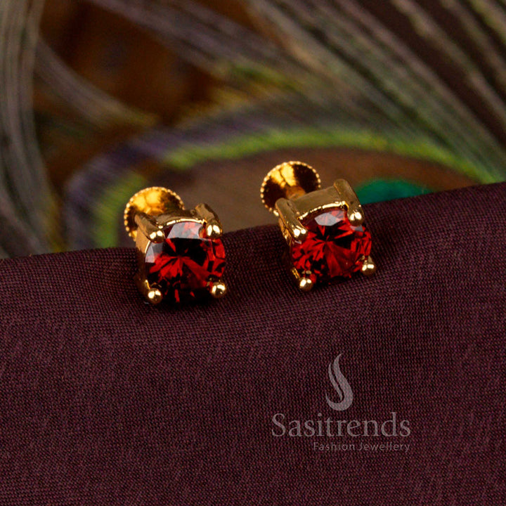 Elegant Round Red Stone Stud Earrings In One Gram Micro Gold Plated Screw Back Traditional Style – Sasitrends