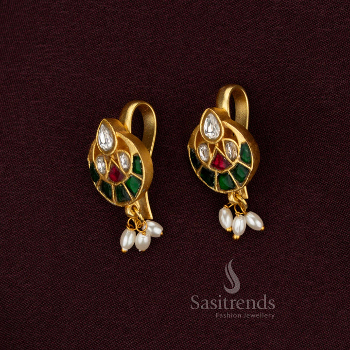 Round Geometric Design with Kundan and Pearls - 24K Gold Plated Jadau Bugadi Earrings