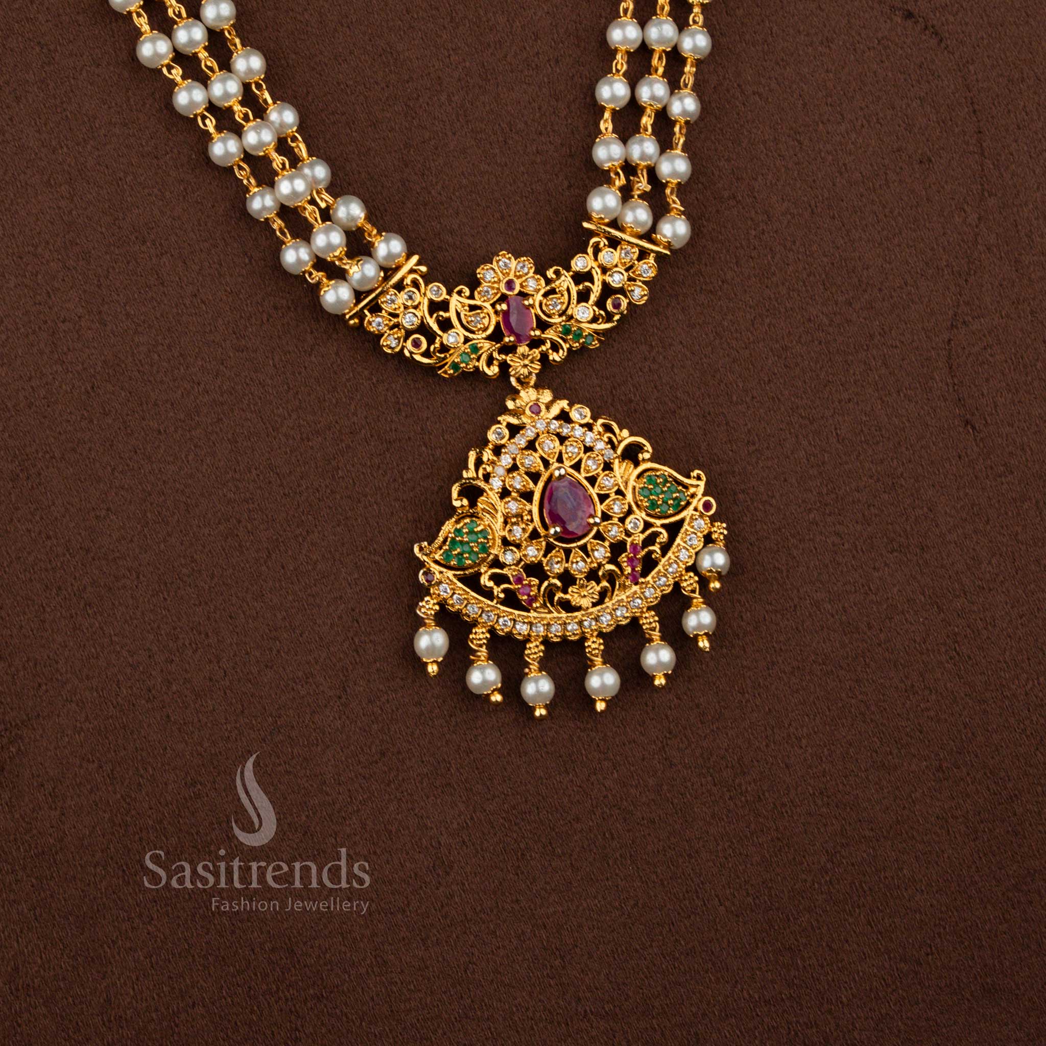 Vaibhava tradition temple matte gold plated three tier pearl pendant long haram necklace perfect for traditional functions, family rituals, and auspicious occasions – Sasitrends