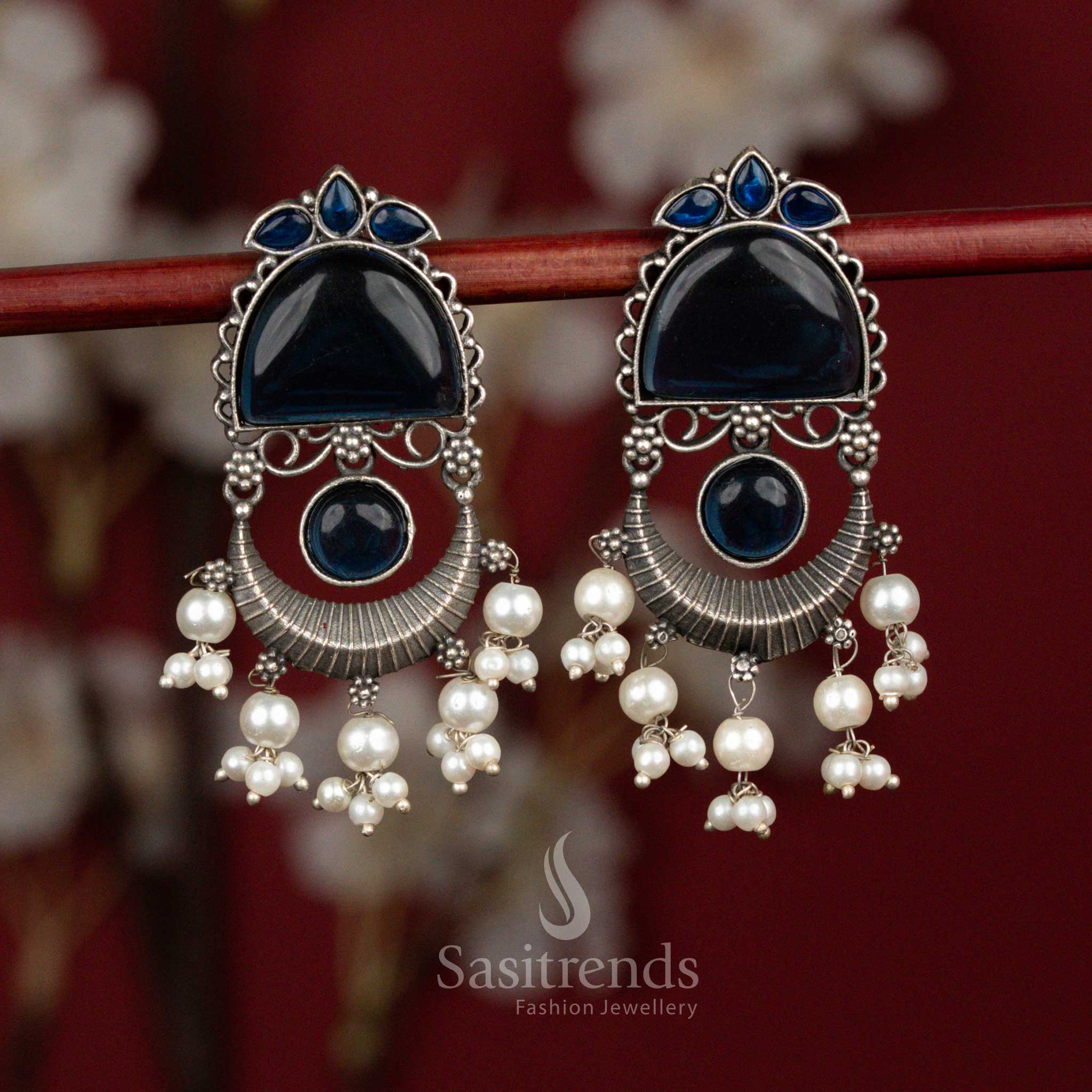 Blue oxidised silver crescent arch monalisa pearl tassel earrings for festive nights - jewellery - Sasitrends