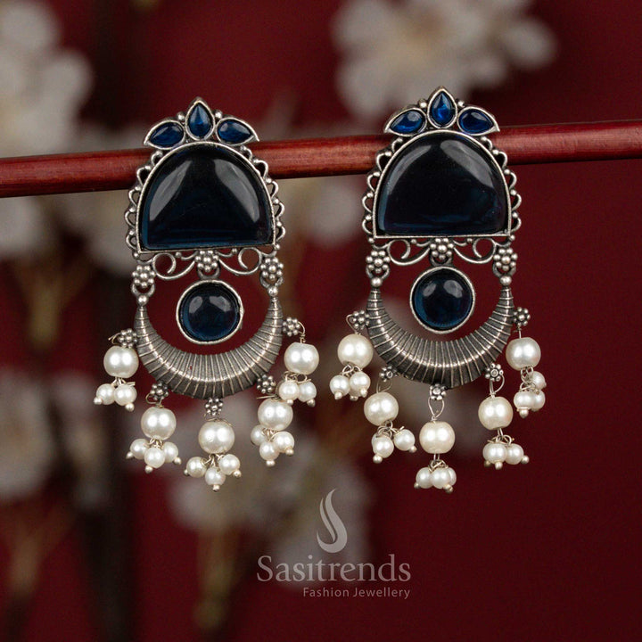 Blue oxidised silver crescent arch monalisa pearl tassel earrings for festive nights - jewellery - Sasitrends