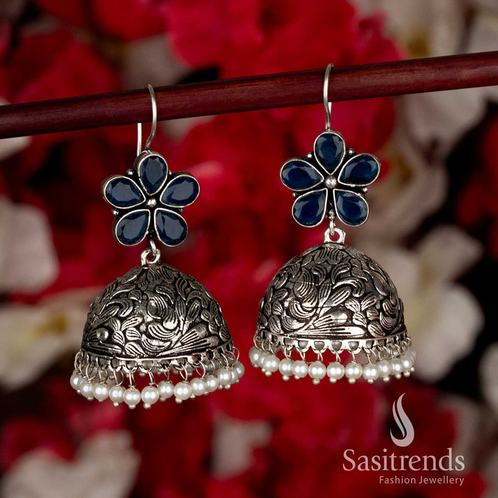 Gorgeous Blue Ethnic Party Oxidised Floral Jhumka Earrings with Pearl Drops Featuring Fish-Hook Closure for Black Saree Navaratri Styling-Sasitrends