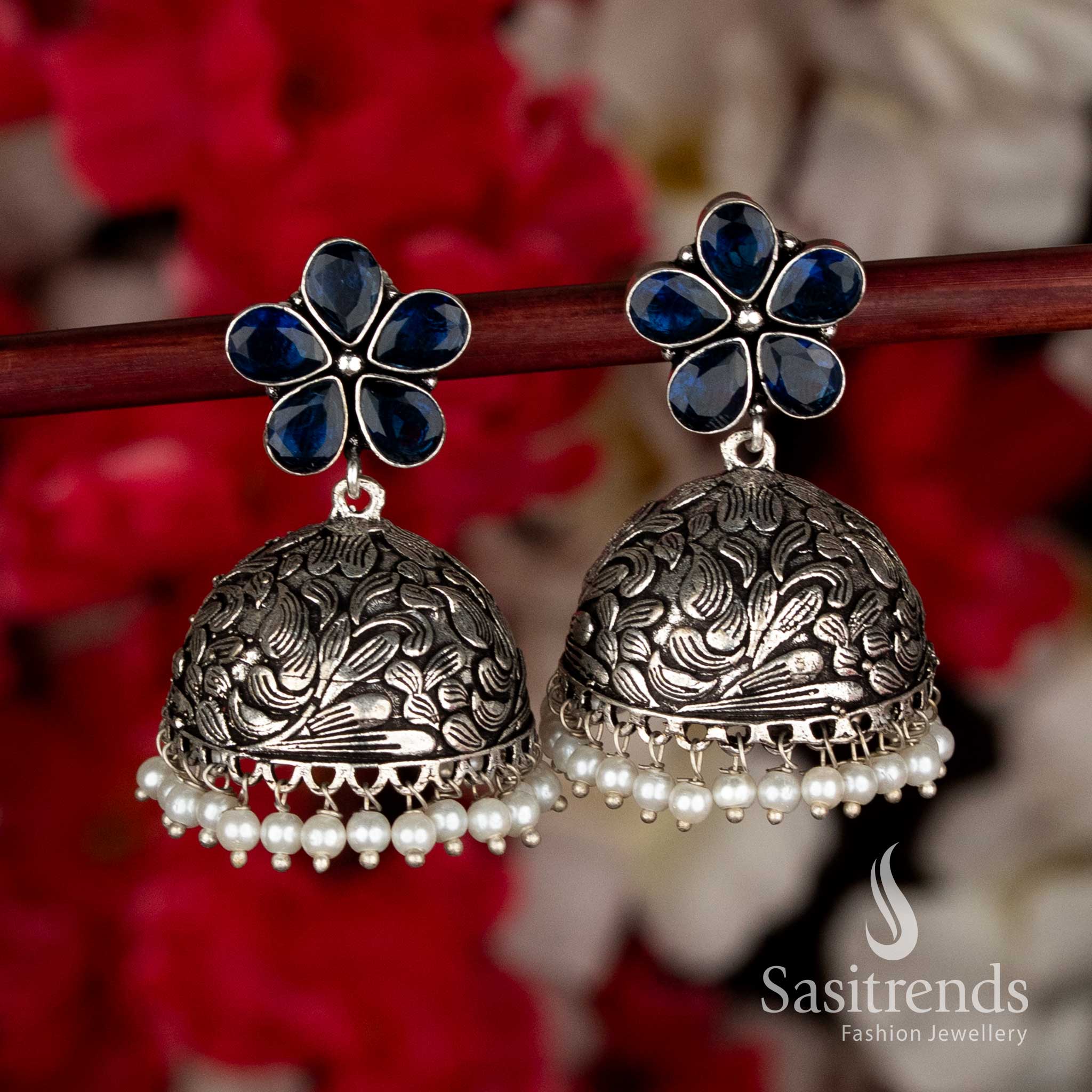 Stunning Blue Party Oxidised Floral Jhumkas with Pearl Drops, Perfect for Ethnic Black Saree Navaratri Celebrations-Sasitrends